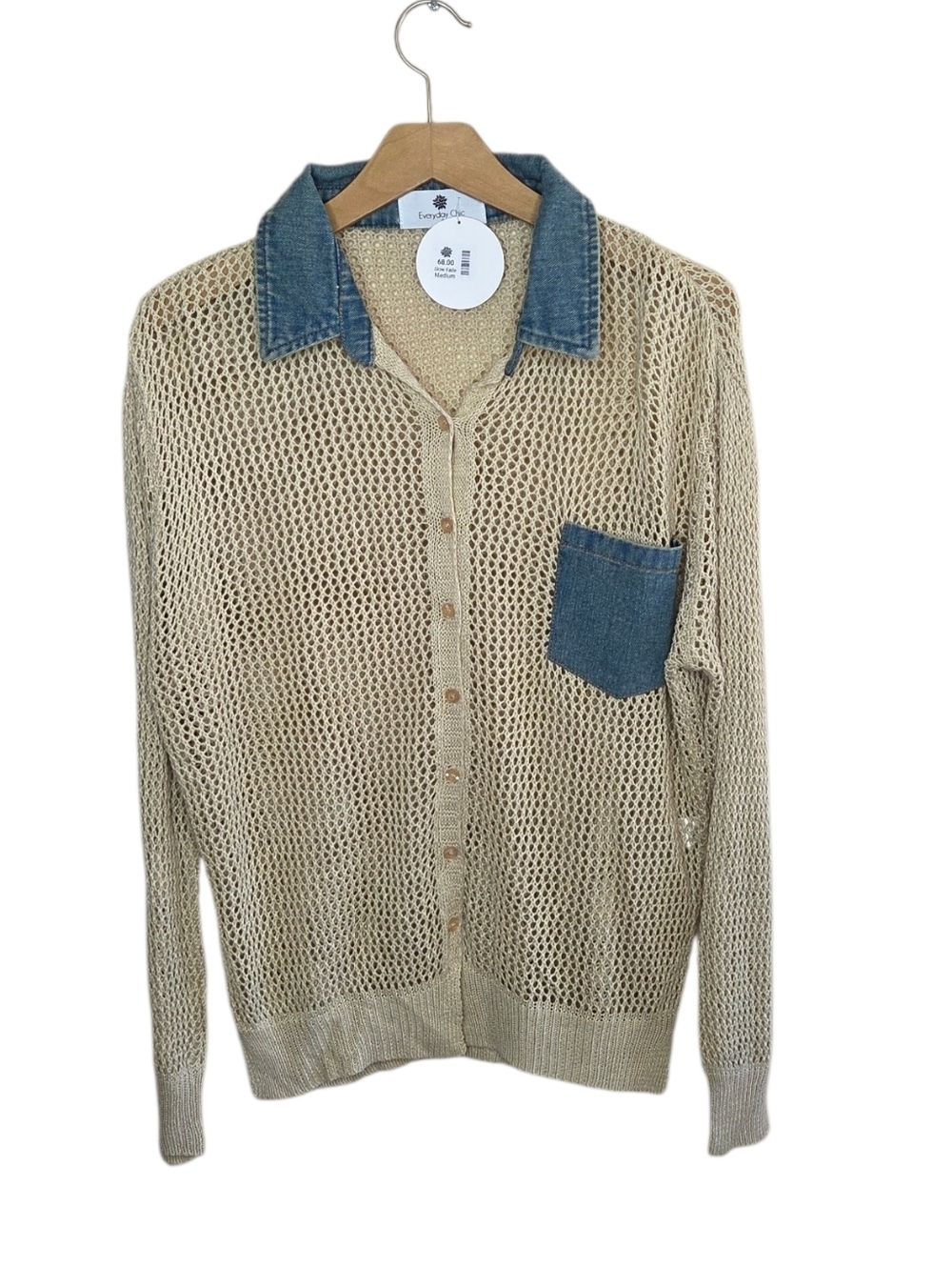 Everyday Chic Boutique Tan Crochet Button Front Shirt Denim Collar Size Medium